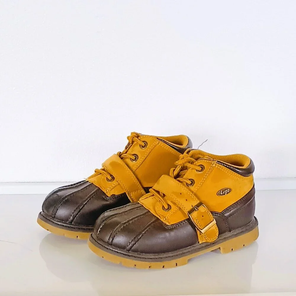 Lugz Avalanche Strap Ankle Boots 12 Kids Tan Black Faux Leather Buckle Lace Up